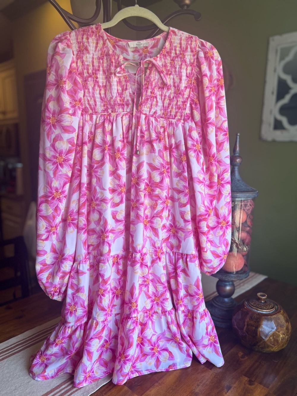 Entro Pink Floral Smocked Yoke Long Sleeve Dress